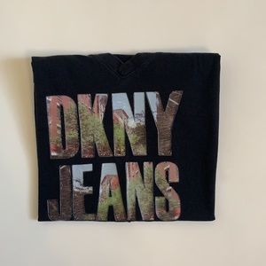 DKNY Jeans Vintage Black V neck Logo Short Sleeve Top